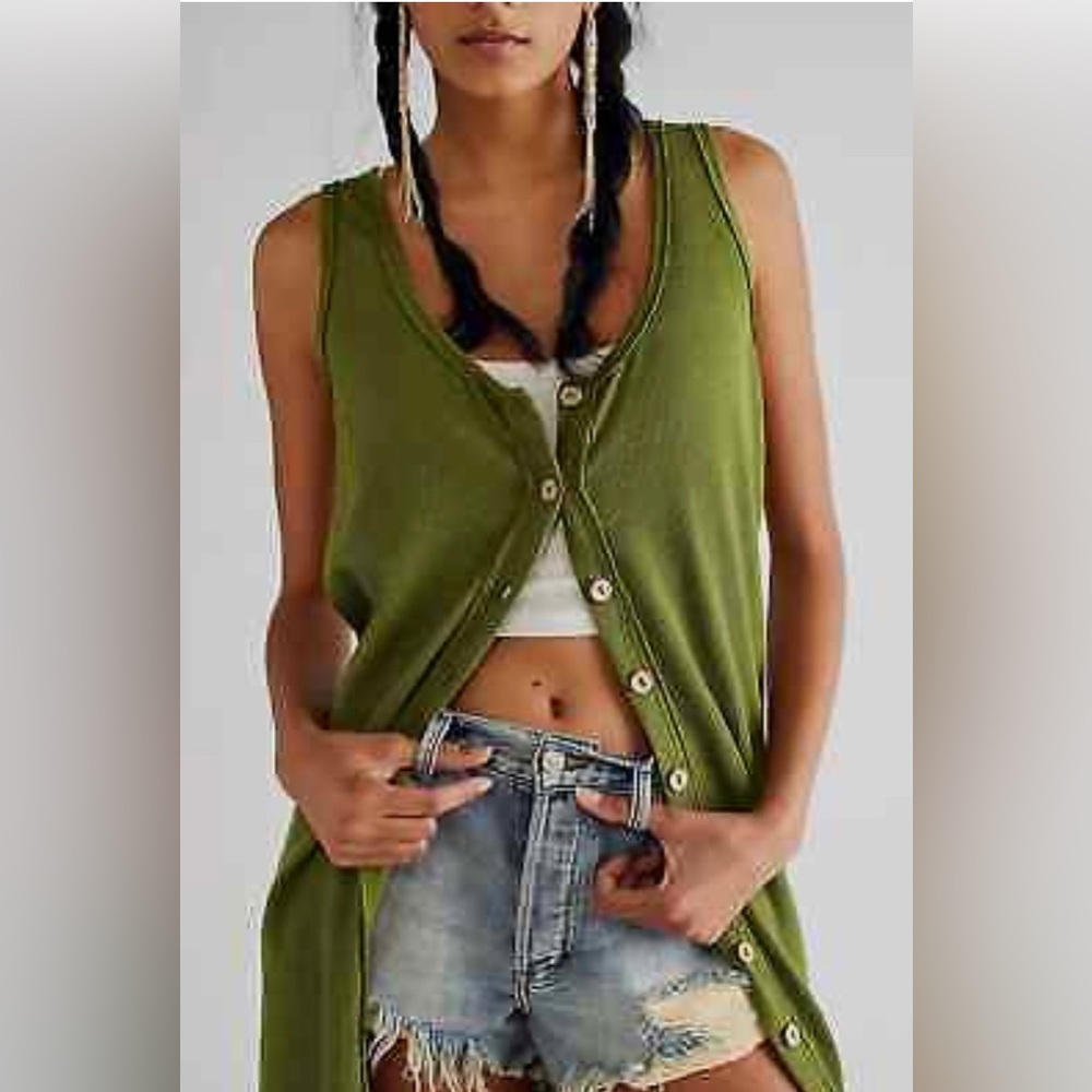 Free People Olive Green Sleeveless Long Vest